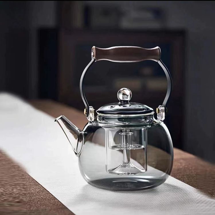 Tetera de vidrio gris macizo de alta calidad con asa, estufa resistente al calor y tetera apta para microondas con infusor extraíble para té de la tarde, tetera elegante de 20 onzas para invitados de oficina